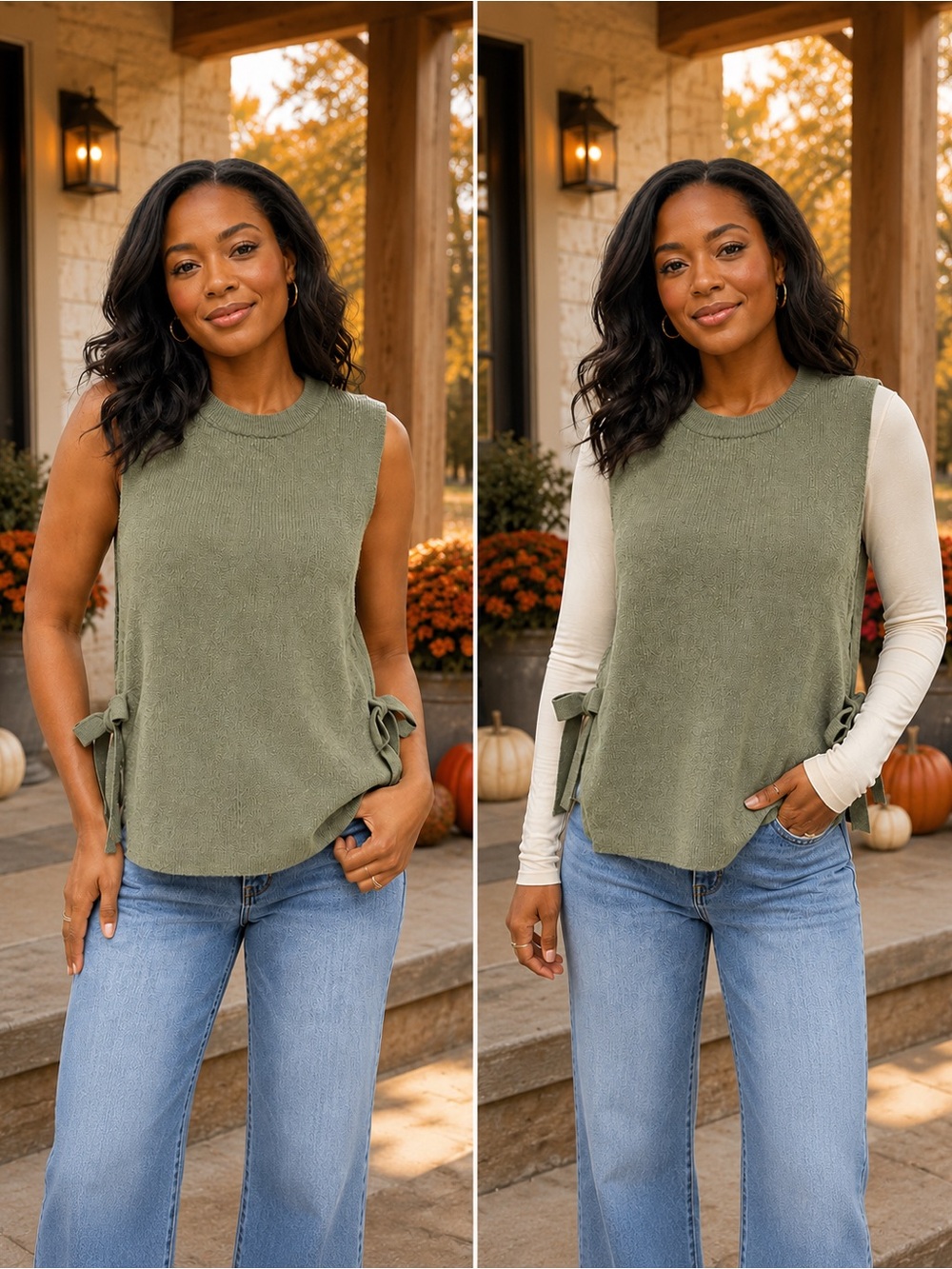 Zenana Side-Tie Sweater Vest 🍂🤎- LT Olive